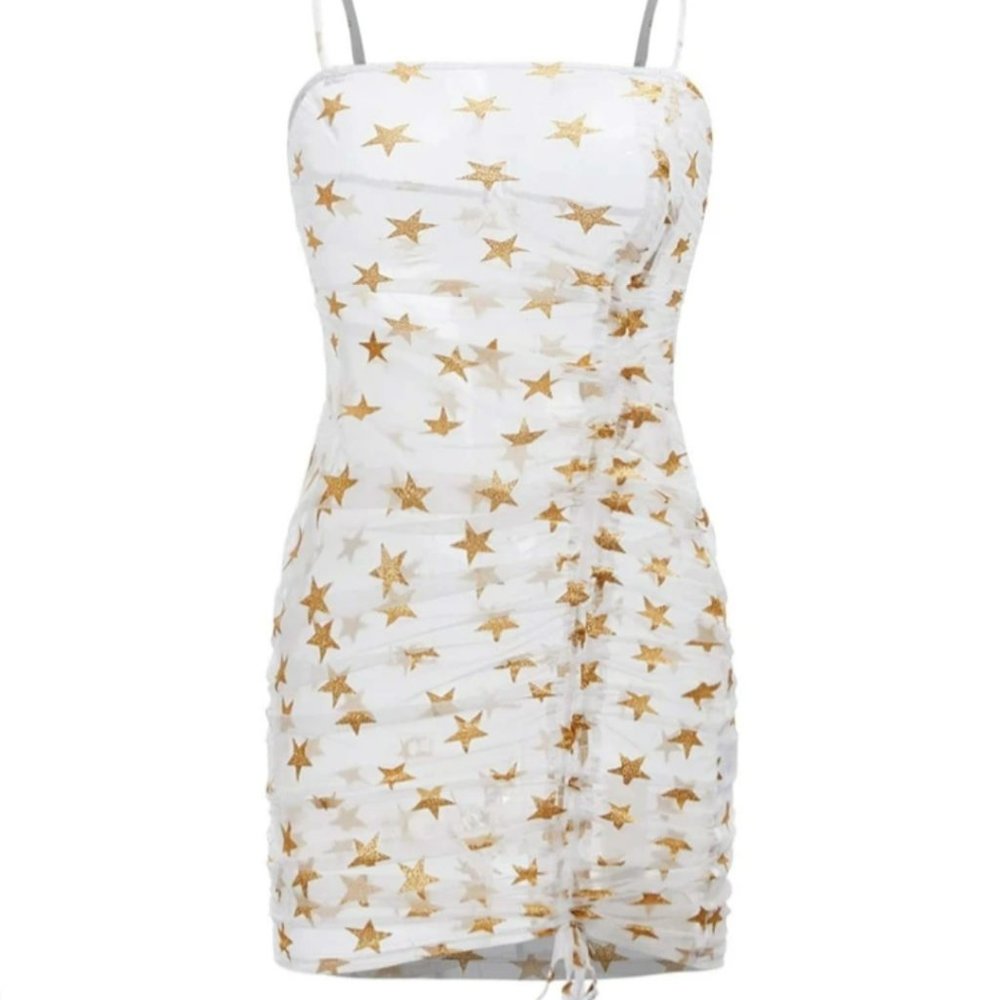 Gold Glitter All over Star White Mesh Drawstring Ruched Bodycon Dress Co…